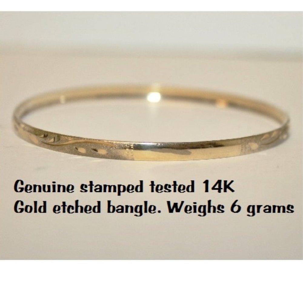 Genuine Solid 14K Gold Etched Bangle Bracelet